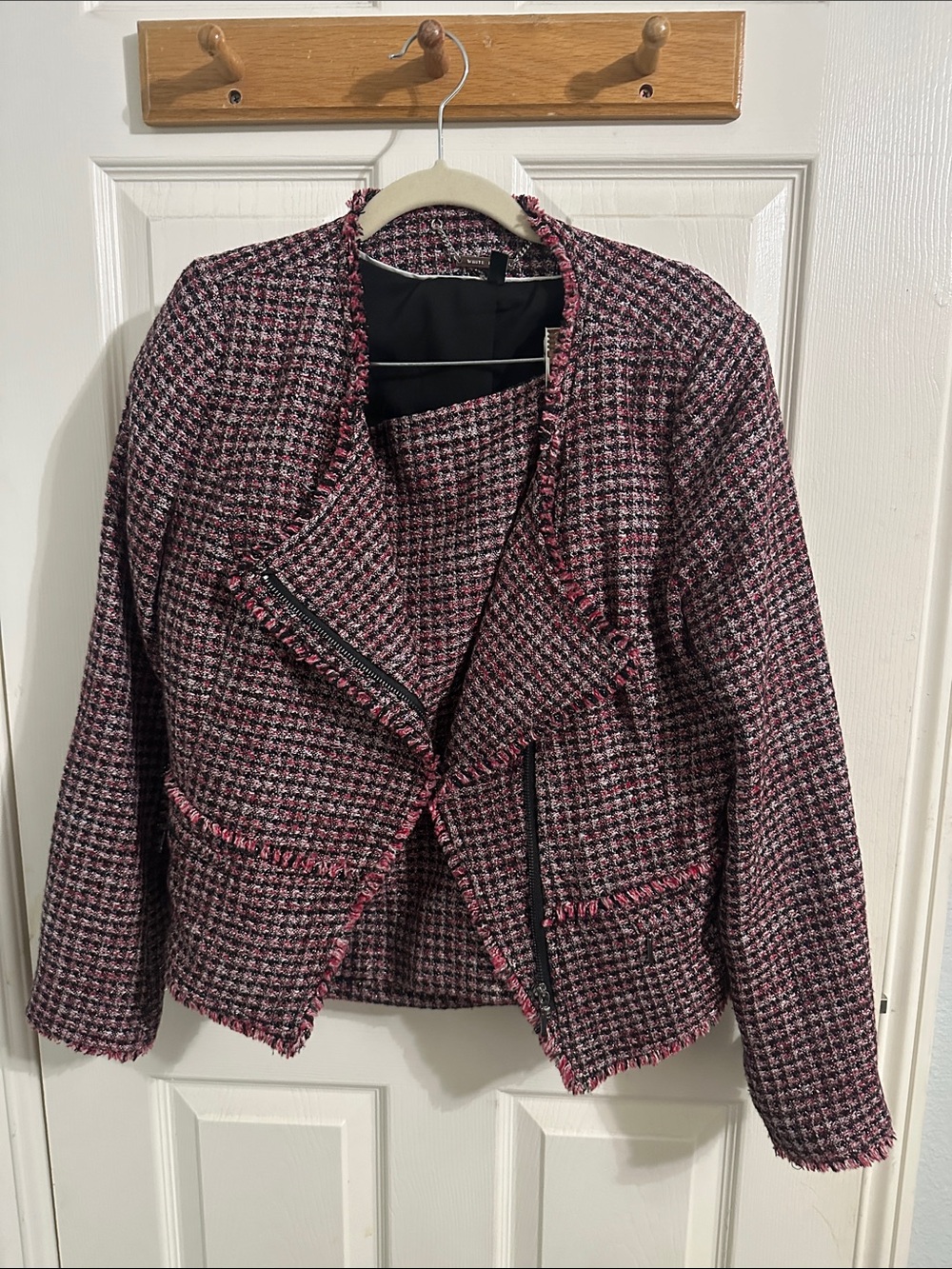 White House Black Market Pink Tweed Moto Blazer